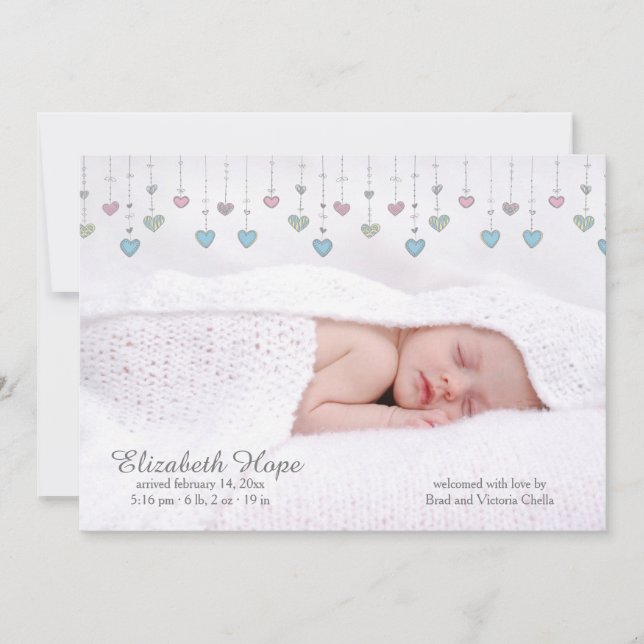 Anúncio de Nascimento de Foto de Pequenos Corações (Frente)