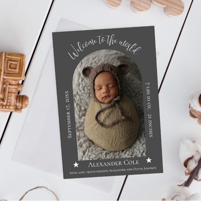 Anúncio de nascimento de Foto de Quadro Simples de (Gray Simple Arch Frame Photo Birth Announcement)