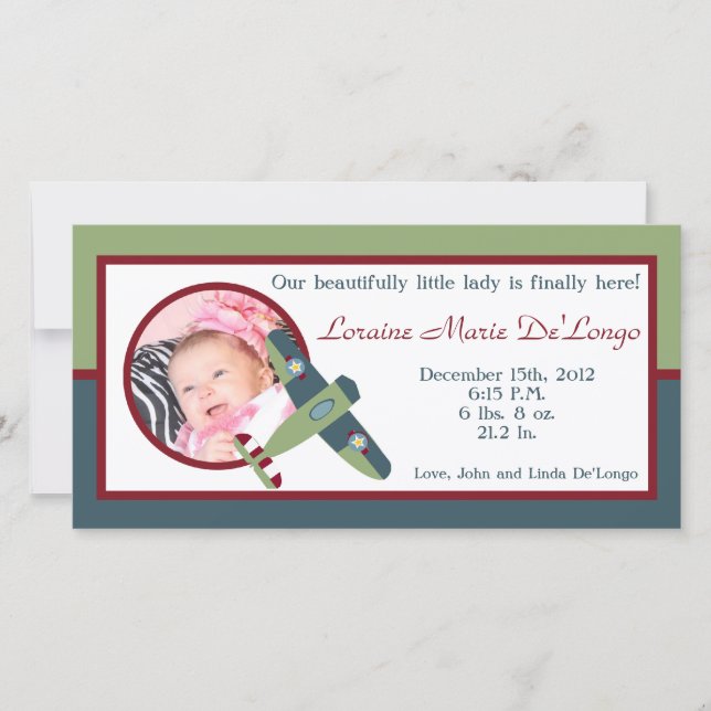 Anúncio de Nascimento de Foto do Avião Vintage (Frente)