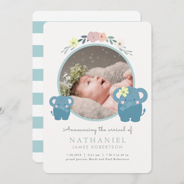Anúncio de Nascimento de Foto do Elephant Blue Flo (Frente/Verso)