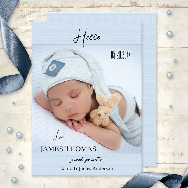 Anúncio de Nascimento de Foto do Pastel Blue Baby  (Simple elegant baby boy birth announcement card featuring a photo of your baby on pastel blue)