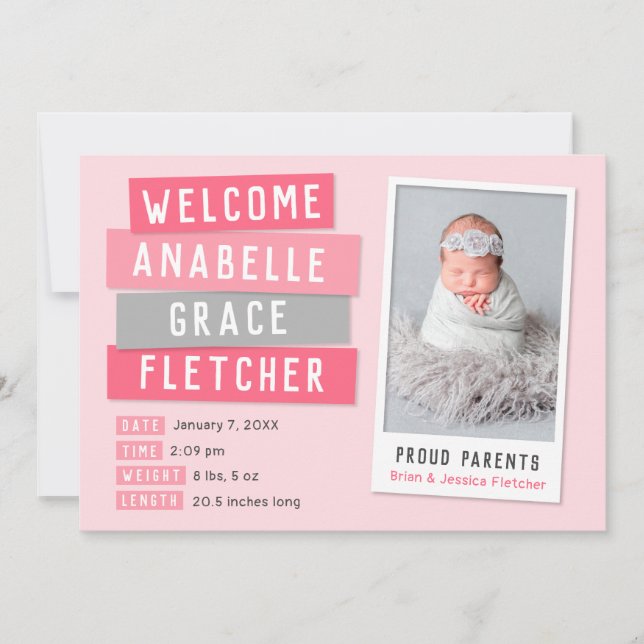Anúncio de Nascimento de Foto do Snapshot 2 Rosa e (Frente)