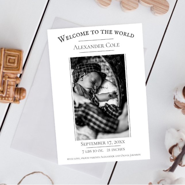 Anúncio de Nascimento de Foto Minimalista Branco (White Minimalist Photo Birth Announcement)