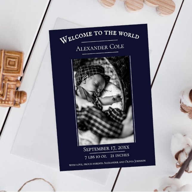 Anúncio de Nascimento de Foto Minimalista do marin (Navy Blue Minimalist Photo Birth Announcement)