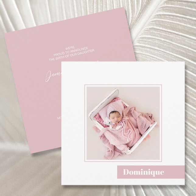 Anúncio de Nascimento de Foto Rosa Mínimo Simples (Criador carregado)