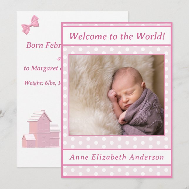 Anúncio de Nascimento de Garota Polka-Dot Rosa (Frente/Verso)