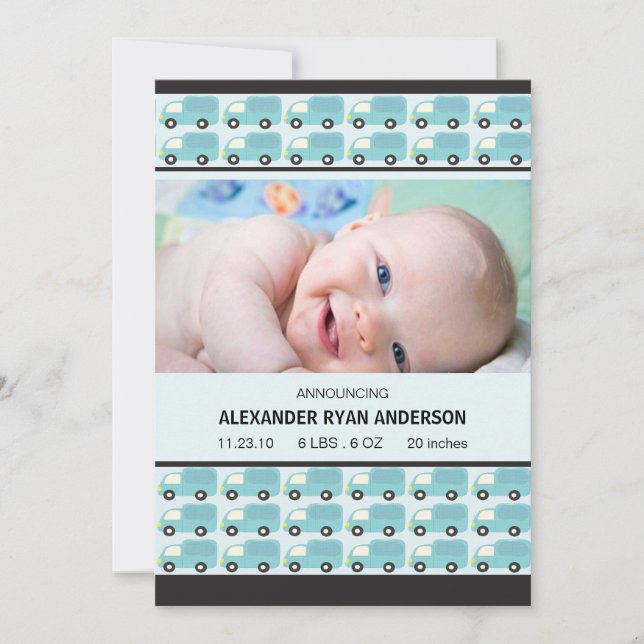 Anúncio de Nascimento de Menino com Caminhões Azui (Frente)