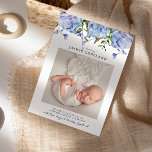 Anúncio de Nascimento do Bebê Azul Peony<br><div class="desc">Cartão de anúncio de nascimento russo com uma foto vertical do seu recém-nascido com ilustração aquática de cor azul clara com verde.</div>
