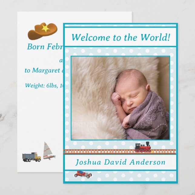 Anúncio de Nascimento do Bebê Polka-Dot Blue (Frente/Verso)