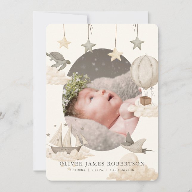 Anúncio de nascimento do Boho Hot Air Balloon Sky (Frente)