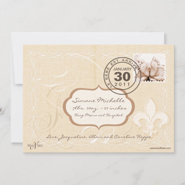 Anúncio de nascimento do romance chinês em francês (Frente)