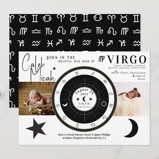 Anúncio de Nascimento do Signo Solar e Lunar de Vi (Frente/Verso)
