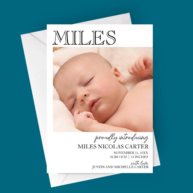 Anúncio de Nascimento Elegante Moderno (Classic and Modern Photo Baby Birth Announcement Card)