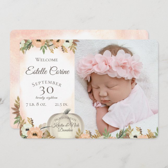 Anúncio de Nascimento Floral de Pumpkin Branco com (Frente/Verso)