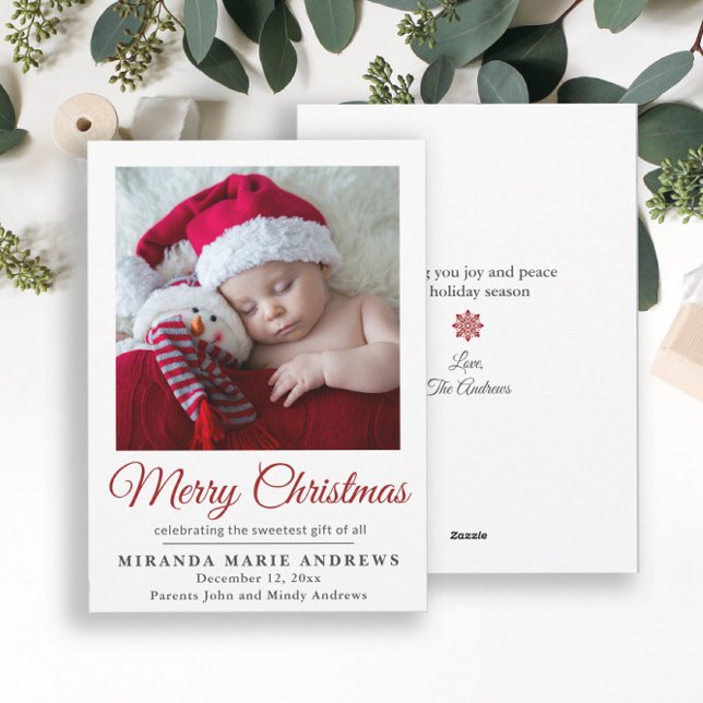 Anúncio de Nascimento Foto de Natal Feliz (Elegant "Merry Christmas" baby announcement photo card)