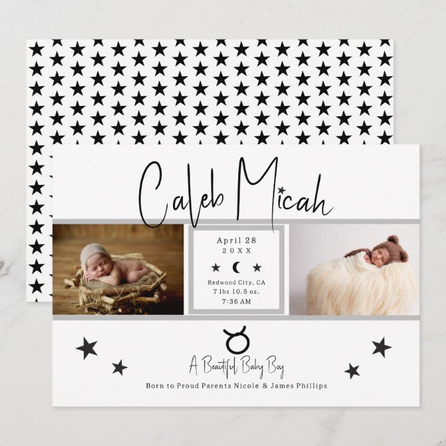 Anúncio de Nascimento Foto Estrelas de Touro Bebê (Frente/Verso)