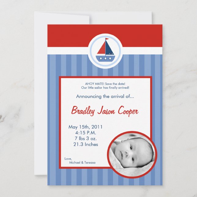 Anúncio de Nascimento FOTOGRÁFICO 5x7 de Barco à V (Frente)