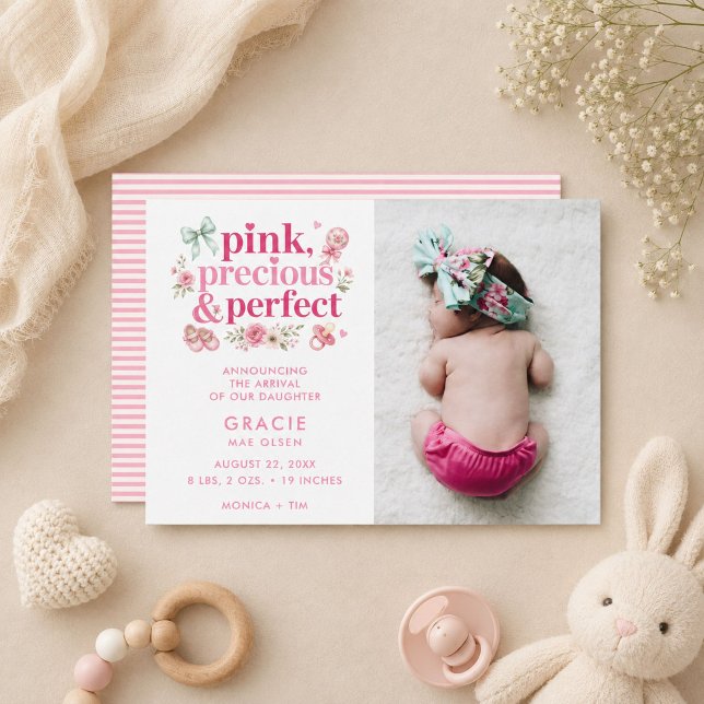 Anúncio de Nascimento Moderno de Bebê Menina Rosa  (Modern Baby Girl Pink Precious Perfect Photo Birth Announcement)
