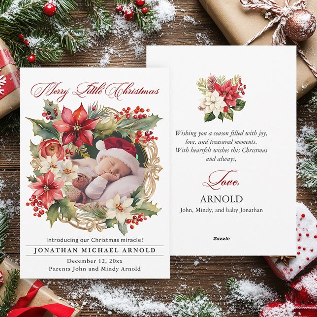 Anúncio de natal Poinsettia Foto (Elegant poinsettias baby birth announcement Christmas greeting card)