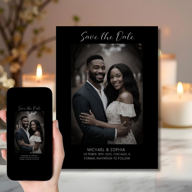 Anúncio de Noivado com Foto de Save the Date Preto (Criador carregado)