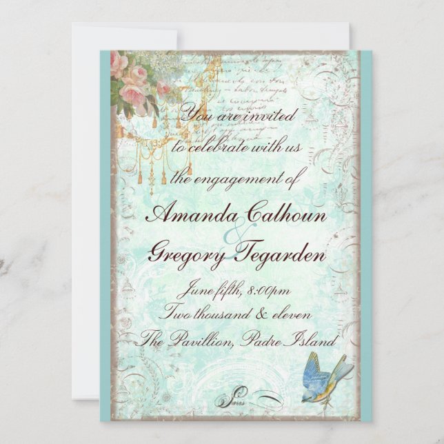 Anúncio de Noivado de Bluebird e Rosas Rosa (Frente)