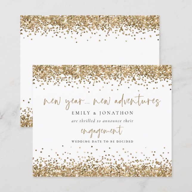 Anúncio de Noivado de Borda de Glitter Dourada de  (Frente/Verso)