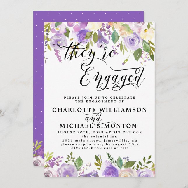 Anúncio de Noivado Floral Roxo e Branco (Frente/Verso)