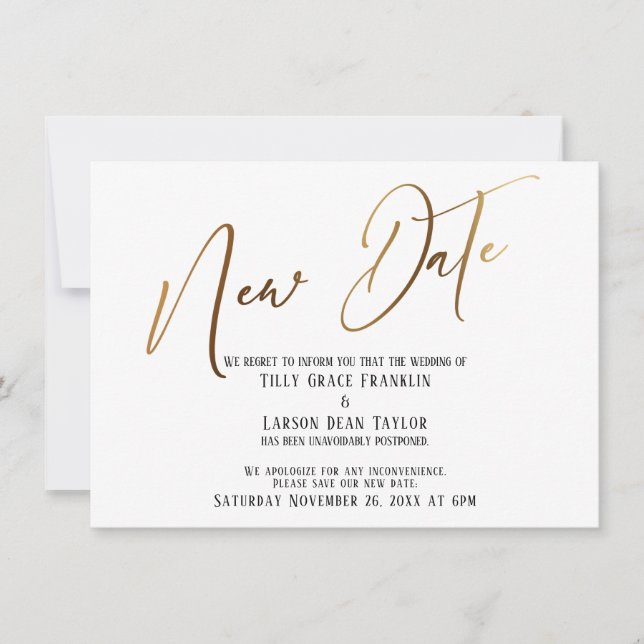 Anúncio de Nova Data de Escrita Dourada Elegante (Frente)