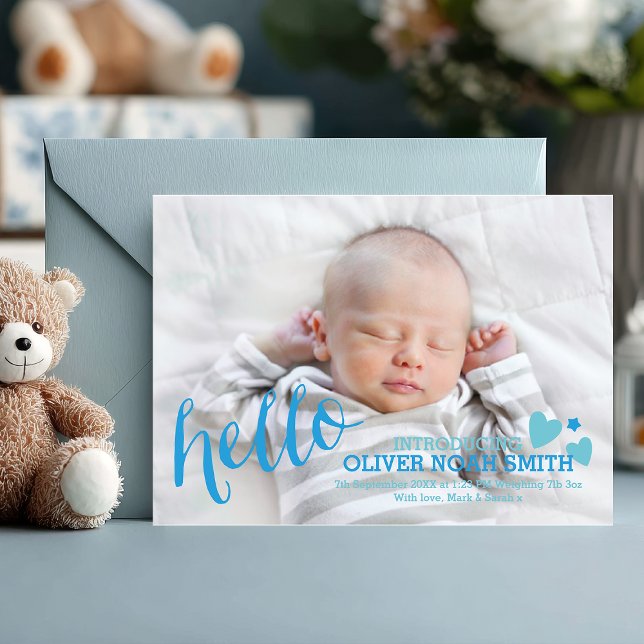 Anúncio de novo menino/recado de agradecimento (Hello, little one 💙 Share your joy with this charming blue photo birth announcement card.)