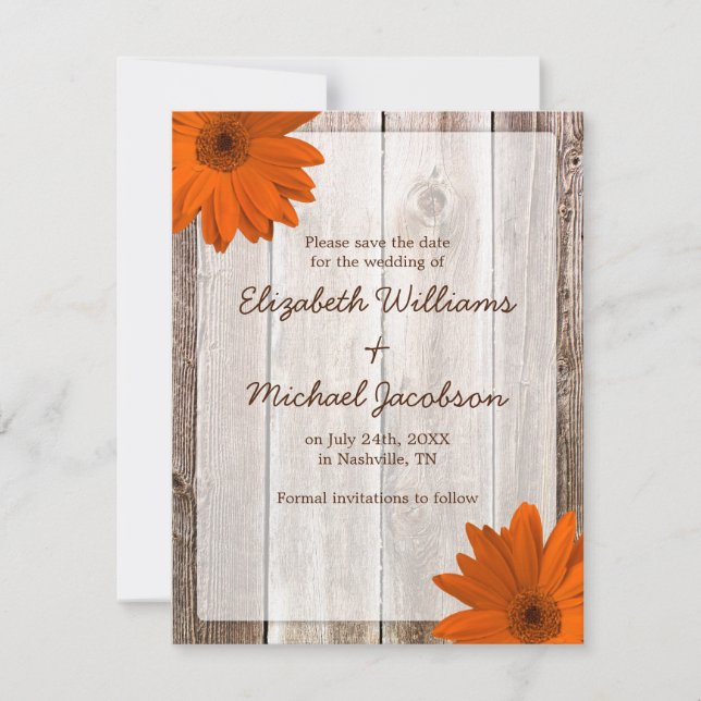 Anúncio de Orange Daisy Barn Wood Save the Date (Frente)