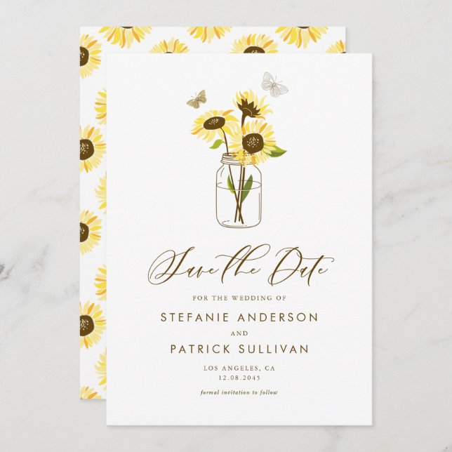 Anúncio de Salve a Data com Girassóis em Pote de M (Frente/Verso)