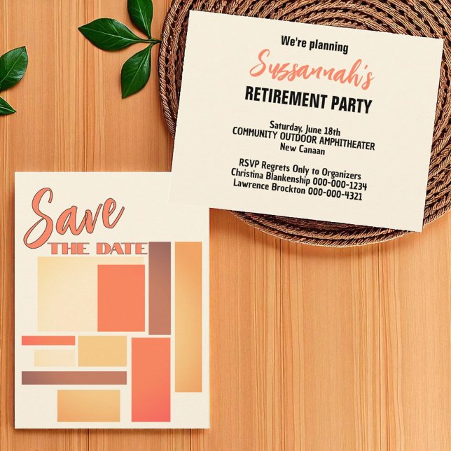 Anúncio de Salve a Data para Festa de Aposentadori (front and template back retirement save the date postcard)