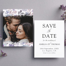 Anúncio de Save the Date com Flores Roxas dentro d