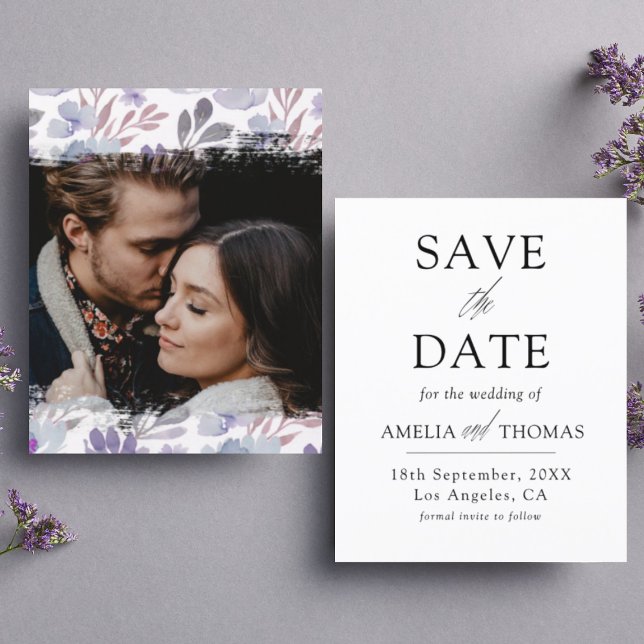Anúncio de Save the Date com Flores Roxas dentro d (Criador carregado)