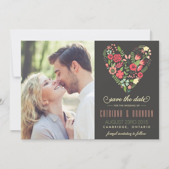 Anúncio de Save the Date de Coração Floral Românti (Frente)