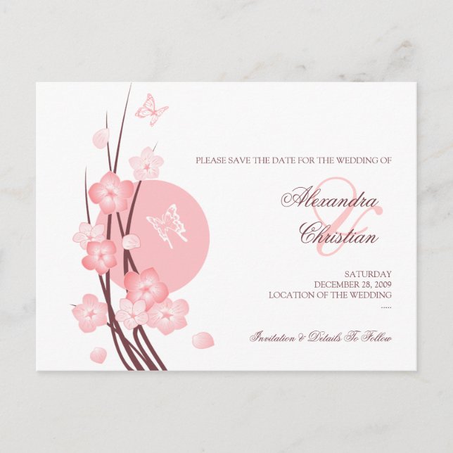 Anúncio de Save the Date de Flores Borboleta Rosa (Frente)