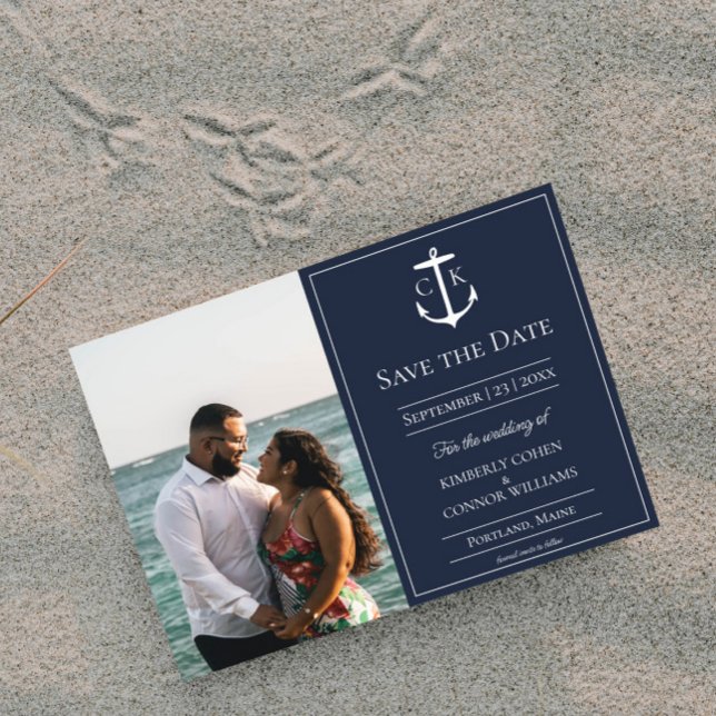 Anúncio de Save the Date de Foto Monograma Náutico (Navy Nautical Monogram Photo Save the Date)