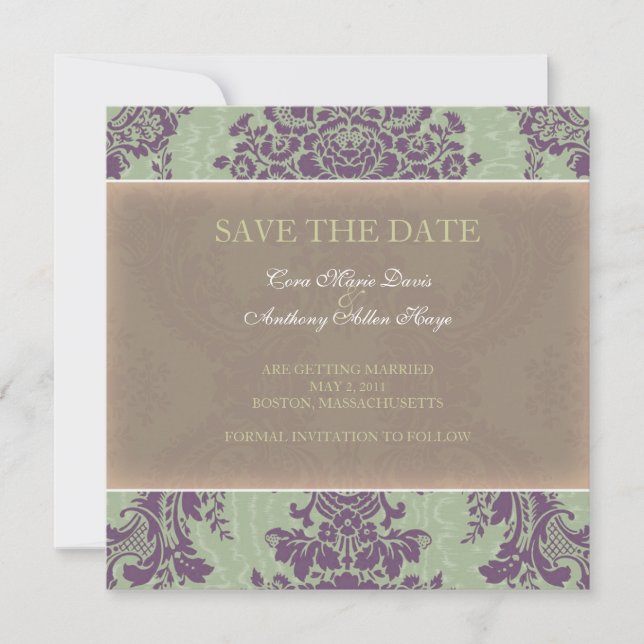 Anúncio de Save the Date Elegante Verde em Damask (Frente)