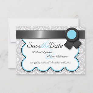 Anúncio de Save the Date em Damask Aqua Azul e Cin