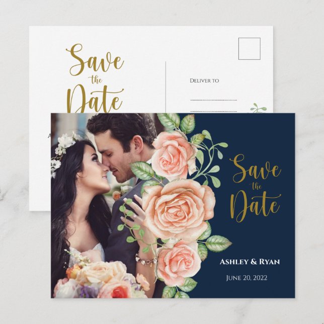 Anúncio de Save the Date Floral em Azul Marinho e  (Frente/Verso)