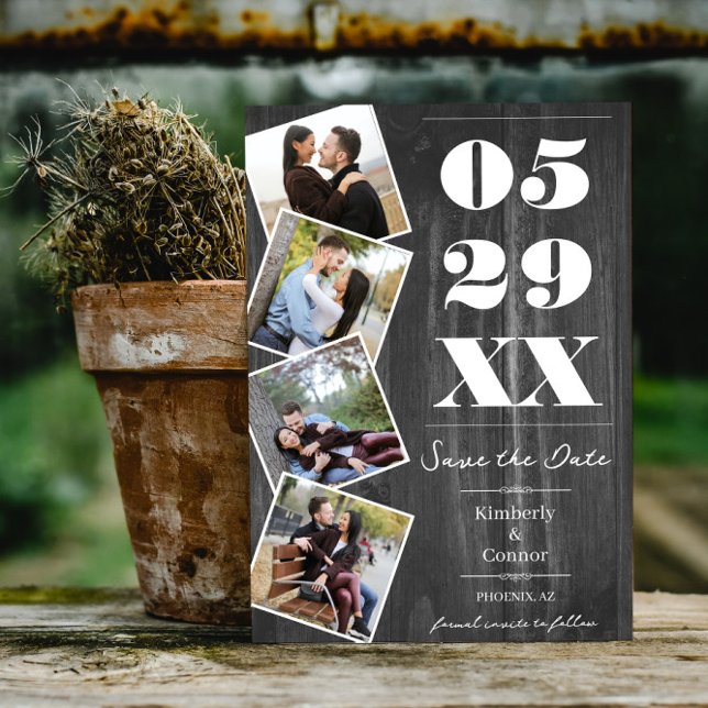 Anúncio de Save the Date Rústico e Ousado com Quat (Gray Rustic Bold Four Photo Save the Date)