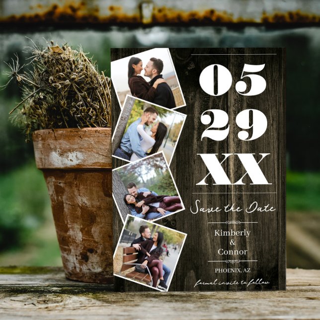 Anúncio de Save the Date Rústico e Ousado com Quat (Natural Rustic Bold Four Photo Save the Date)