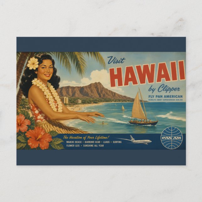 Anúncio de Viagem Havaiano em Estilo Vintage (Frente)