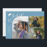 Anúncio Denim Blue Hand Written Thank You Multi Photo<br><div class="desc">Modern and whimsical graduation announcement photo card featuring 3 photos on the front and 1 on the back. The text says "Thank You" with twinkling stars. Add the graduate's name,  information,  and message to personalize this card. Denim blue.</div>
