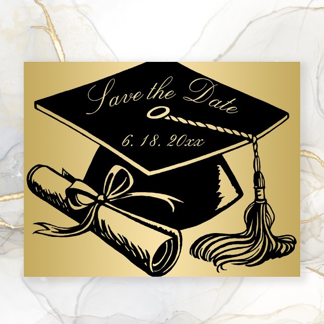 Anúncio Diploma de Boné Negro Dourado para graduação Salva (Gold Graduation Save the Date with Black Grad Cap)