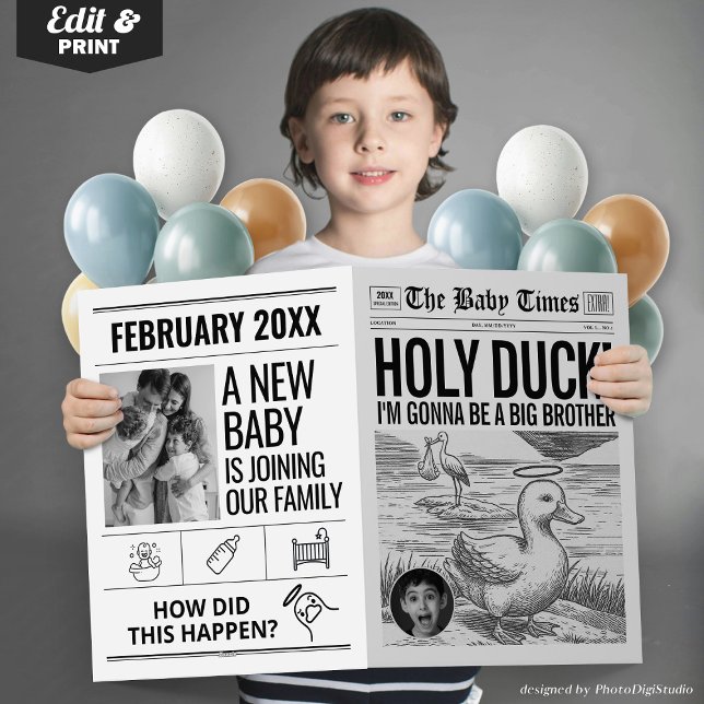 Anúncio Divertido de Bebê Jornal do Sagrado Pato (Funny Baby Announcement Newspaper, Holy Duck Pregnancy Announcement Newspaper Card Brother Sister)