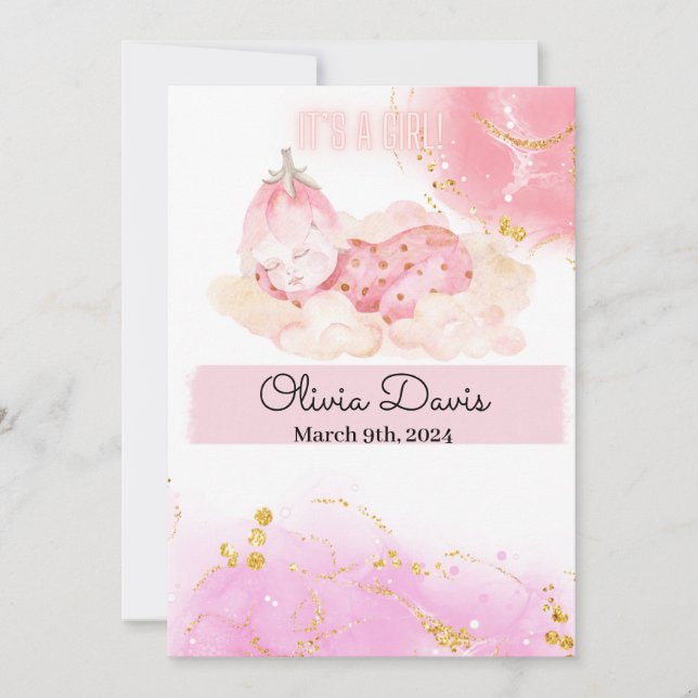 Anúncio do bebê de morango bonito "É uma menina" (Frente)