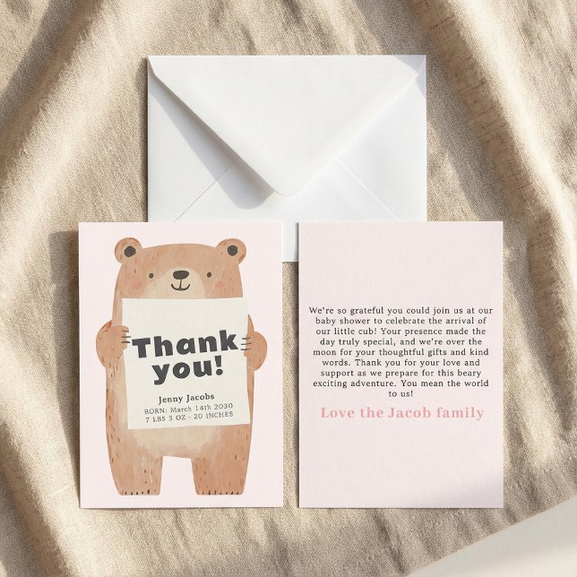 Anúncio do Bebê do Urso Rosa Adorável Obrigado (Adorable Pink Bear Baby Announcement Thank You.)