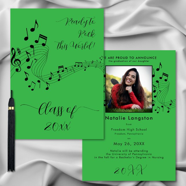 Anúncio do Formando de Foto Verde Black Music (Rock Music Black Green Photo Graduate Announcement)
