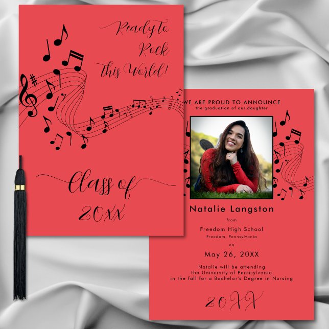 Anúncio do Formando Rock Black Red Photo (Rock Music Black & Red Photo Graduation Announcement)